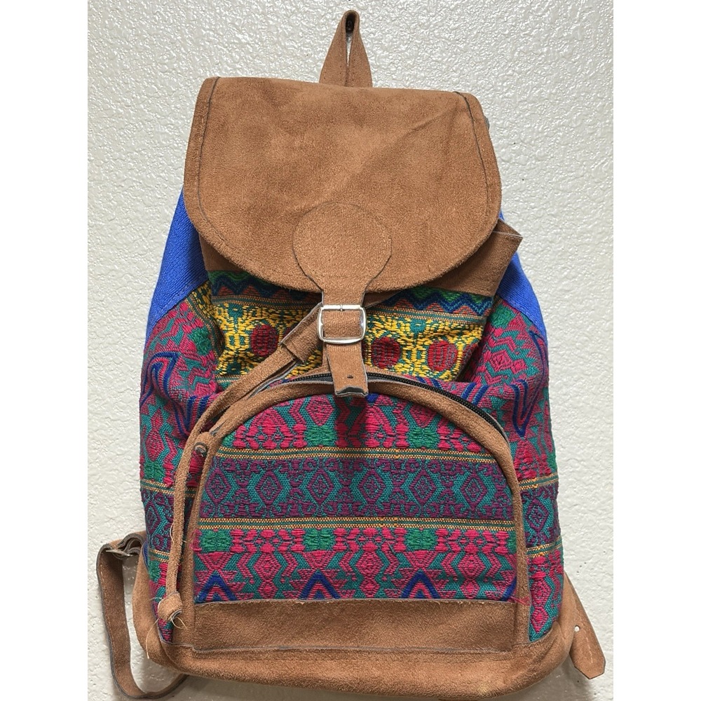 Multicolor Geometric Bohemian Backpack Drawstring Buckle Zip Pockets Women's